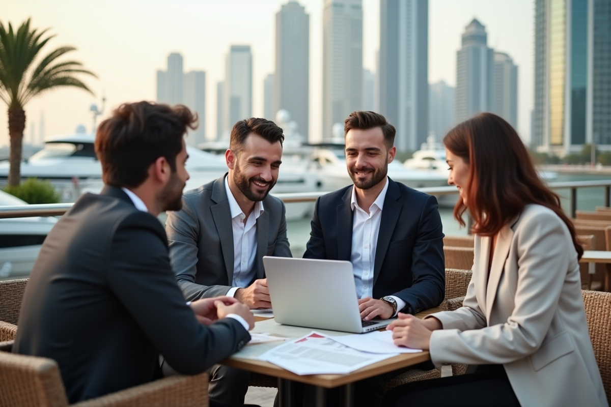 Groupe de professionnels discutant à une terrasse à Dubai