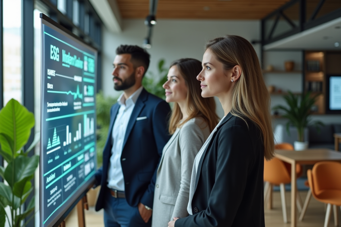 Groupe de professionnels regardant des graphiques ESG dans un bureau moderne