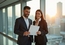 Deux professionnels souriants dans un bureau moderne avec vue sur la ville