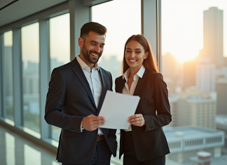 Transition de carrière : du manager au cadre supérieur Deux professionnels souriants dans un bureau moderne avec vue sur la ville