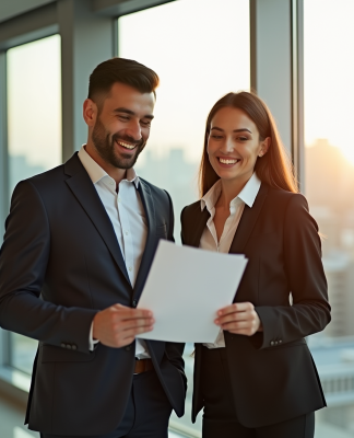 Deux professionnels souriants dans un bureau moderne avec vue sur la ville