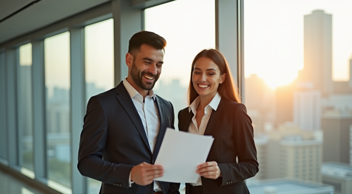 Deux professionnels souriants dans un bureau moderne avec vue sur la ville