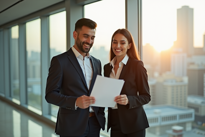 Deux professionnels souriants dans un bureau moderne avec vue sur la ville