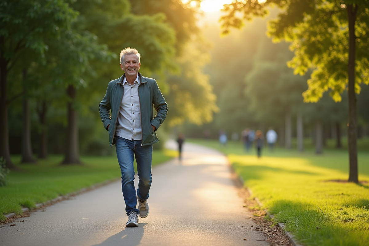 Personne souriante marchant dans un parc ensoleille avec verdure