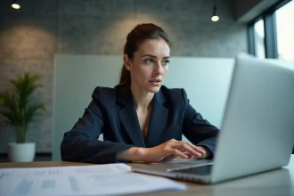 Femme professionnelle examinant des paramètres de confidentialité sur un ordinateur portable dans un bureau moderne, illustrant la protection des données personnelles liées aux vidcaps