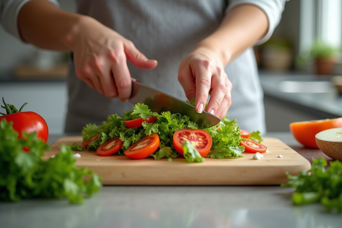 Mains préparant une salade avec légumes en forme de L