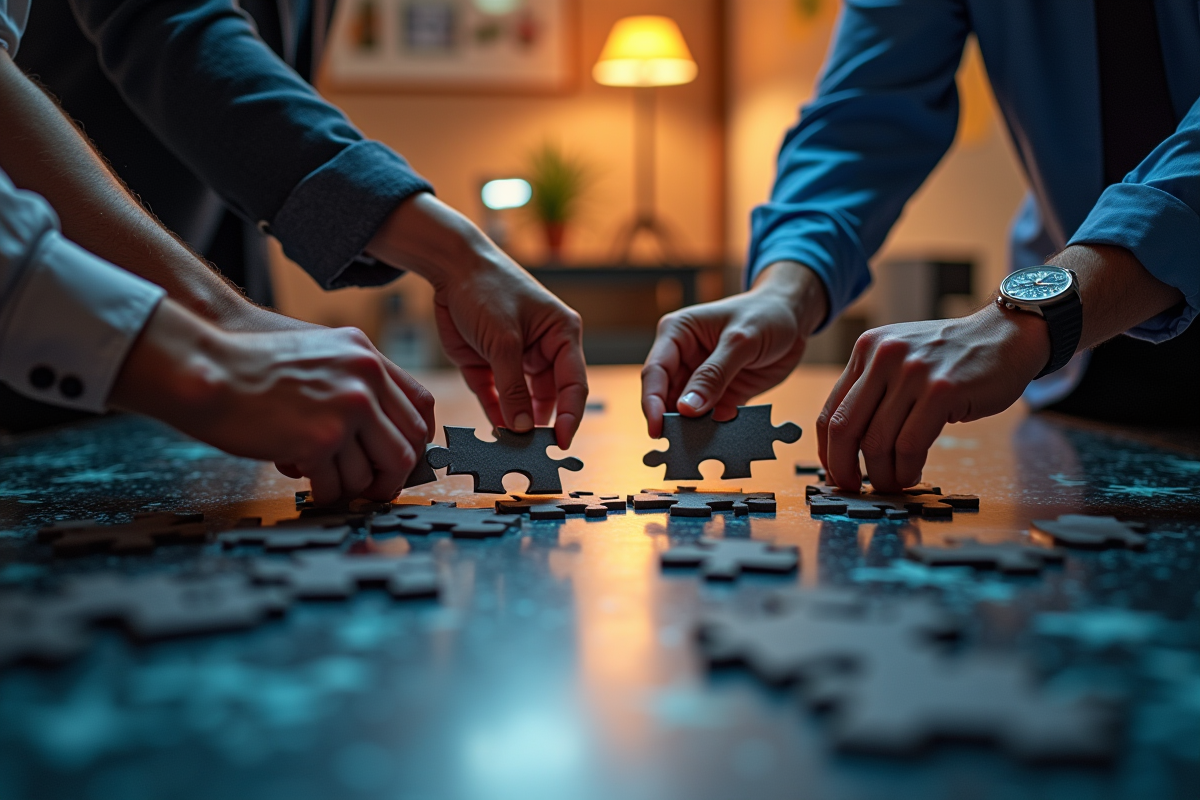 Groupe de professionnels assemblant des pièces de puzzle sur une table