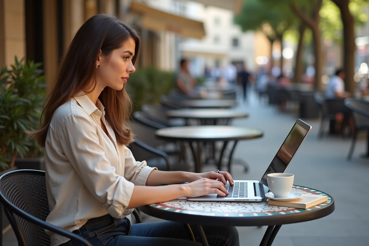 Jeune femme recherchant une certification de formation en ligne depuis une terrasse de café à Nice