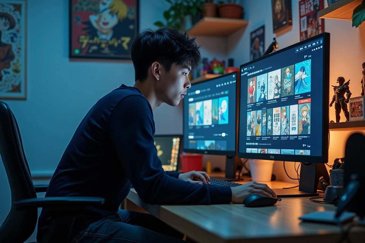 Jeune homme recherchant des mangas introuvables sur une plateforme de scan en ligne depuis son bureau gaming