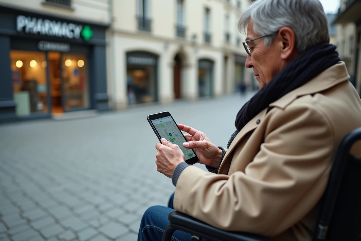 Personne en fauteuil roulant cherchant un point relais Mondial Relay accessible sur smartphone en ville