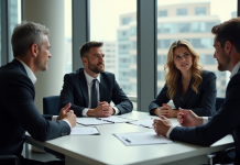 Groupe de professionnels en réunion immobiliere dans un bureau lumineux