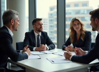 Recours contre un promoteur immobilier : quelles solutions en France ? Groupe de professionnels en réunion immobiliere dans un bureau lumineux