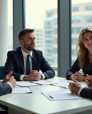 Groupe de professionnels en réunion immobiliere dans un bureau lumineux