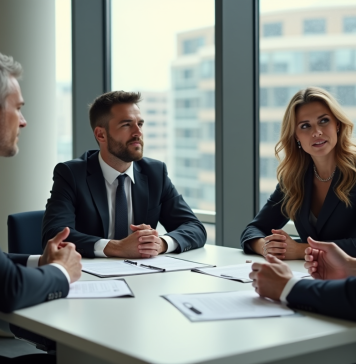 Recours contre un promoteur immobilier : quelles solutions en France ? Groupe de professionnels en réunion immobiliere dans un bureau lumineux