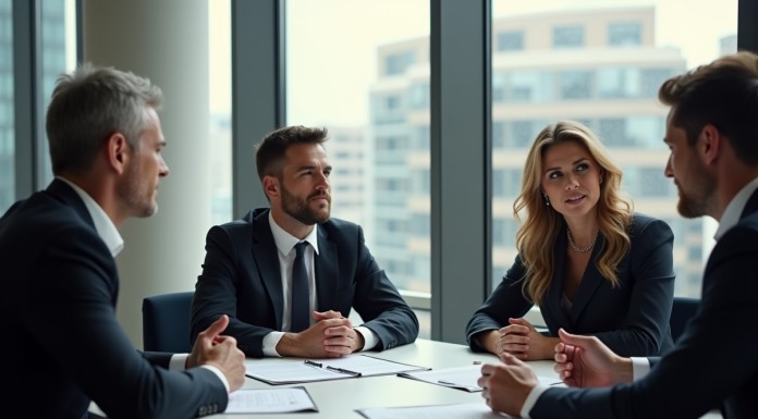 Groupe de professionnels en réunion immobiliere dans un bureau lumineux