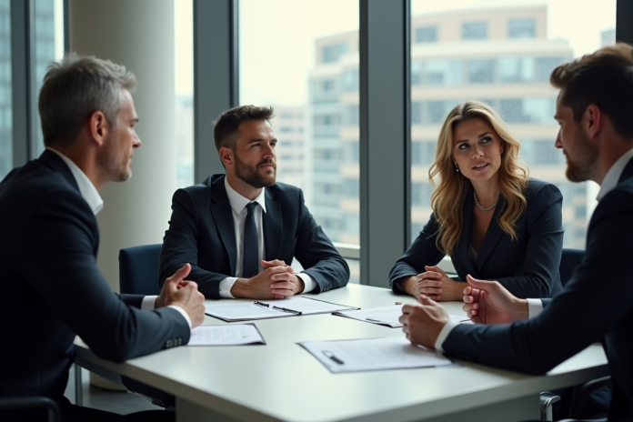 reunion-affaires-immobilier Groupe de professionnels en réunion immobiliere dans un bureau lumineux