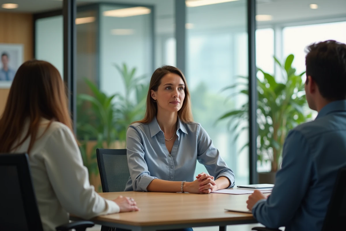 Groupe en réunion dans un bureau moderne avec femme attentive