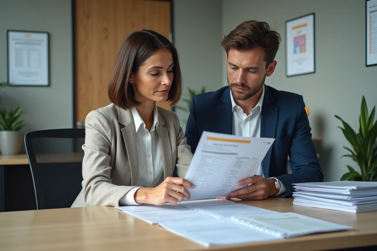 Femme et homme en réunion de travail dans un bureau moderne