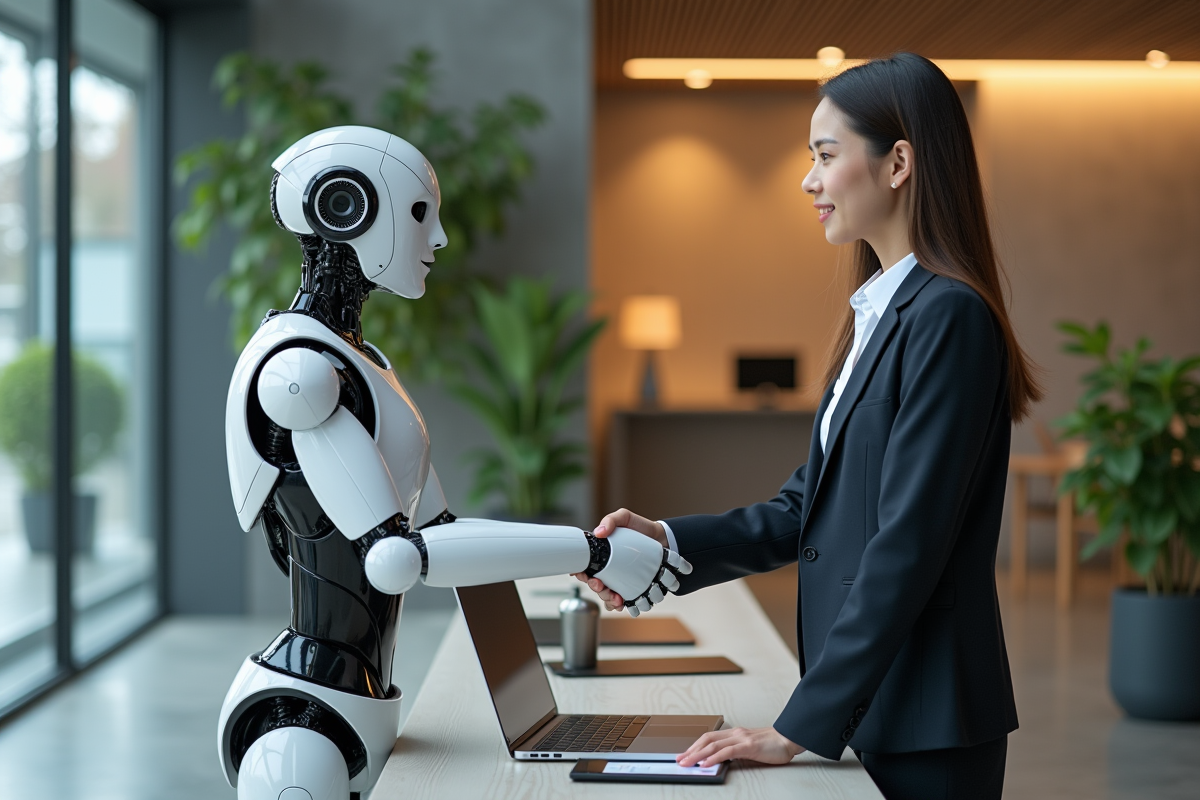 Femme d affaires serrant la main d un robot dans un bureau moderne
