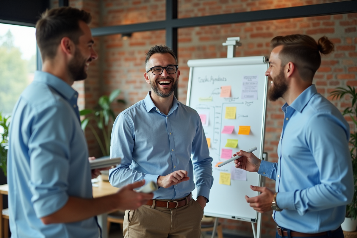 Groupe de marketeurs en réunion créative dans un espace moderne