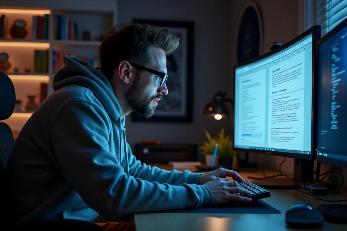 Homme concentré à son bureau à domicile consultant des politiques de confidentialité sur un grand écran, représentant les risques liés aux captures vidéo et à la protection des données en ligne