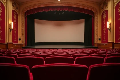 Vue intérieure de la grande salle du Grand Rex à Paris avec ses fauteuils en velours rouge et son décor Art Déco