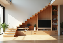 Salon moderne avec escalier ouvert et rangement intégré