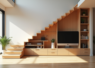 Salon moderne avec escalier ouvert et rangement intégré