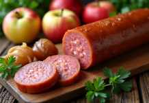 Saucisse tranchée sur planche en bois rustique avec pommes et oignons