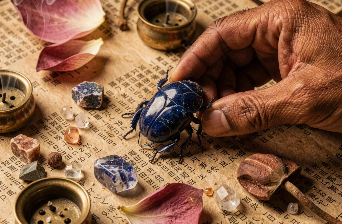 Scarabée en lapis-lazuli posé sur du papyrus ancien entouré de cristaux et pétales de lotus séchés