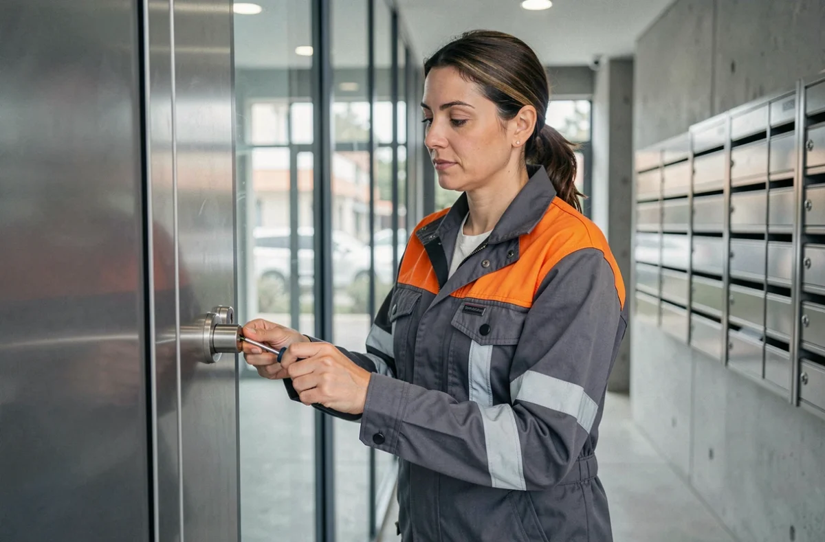 Serrurier femme remplaçant une serrure de sécurité sur la porte d'un immeuble moderne à Marseille, intervention rapide de serrurier d'urgence en région PACA