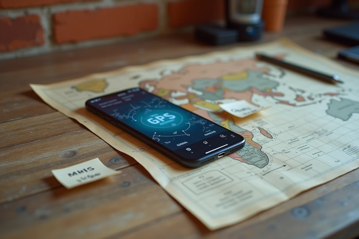 Smartphone affichant une interface de navigation par satellite GNSS avec les systèmes GPS, GLONASS et Galileo sur une carte du monde imprimée