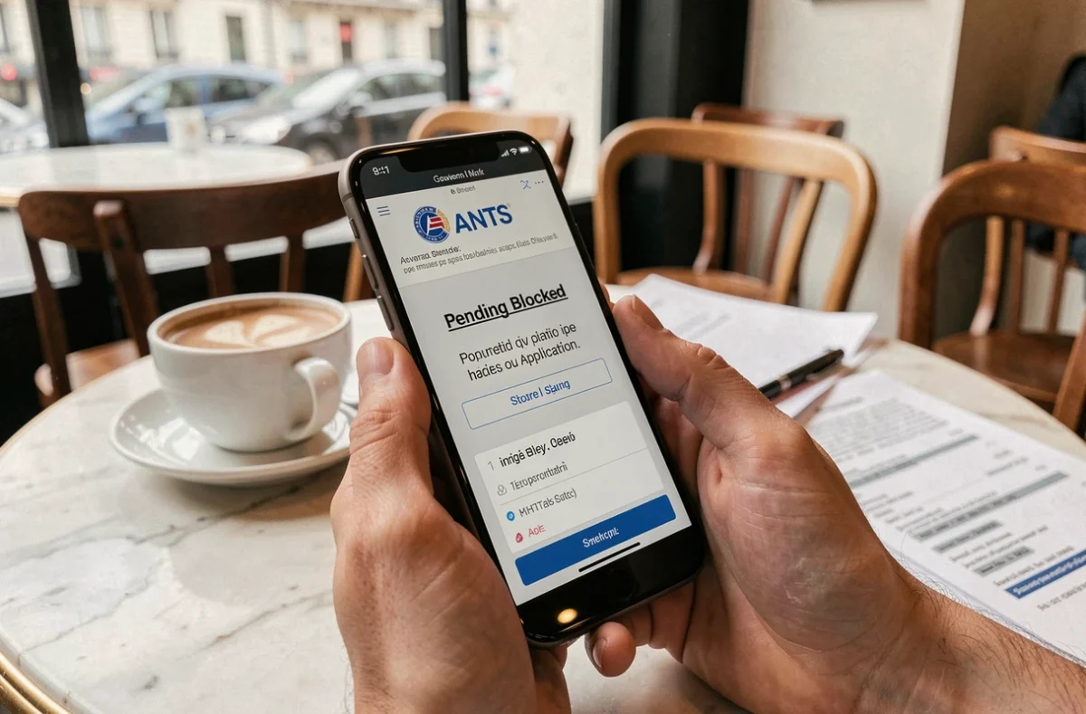 Smartphone affichant le portail ANTS avec un dossier en attente posé sur une table de café parisien