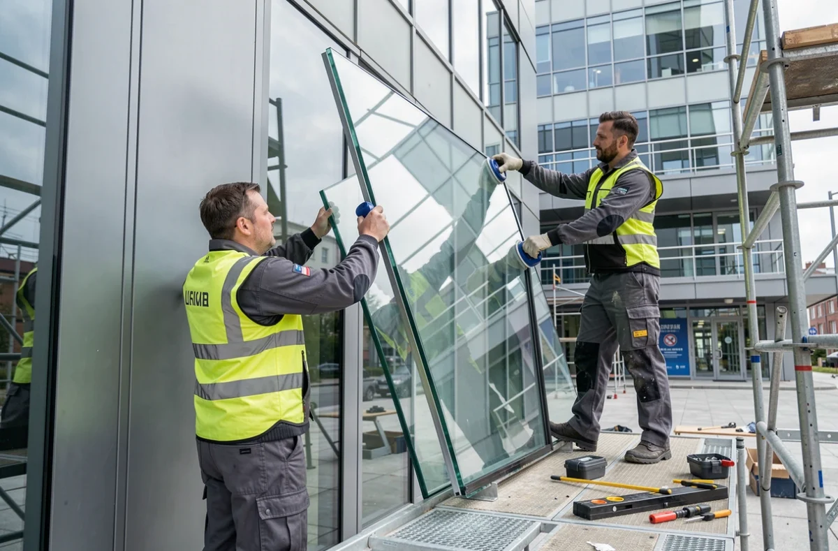 Équipe de Speciales Fermetures posant un panneau de verre sur une facade commerciale moderne dans les Yvelines