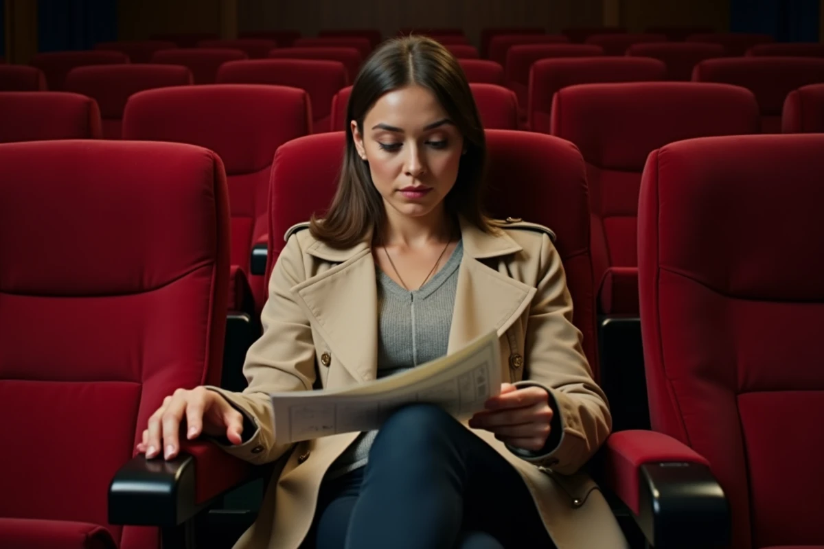Femme consultant un plan de salle dans un cinéma historique parisien avant de choisir sa place