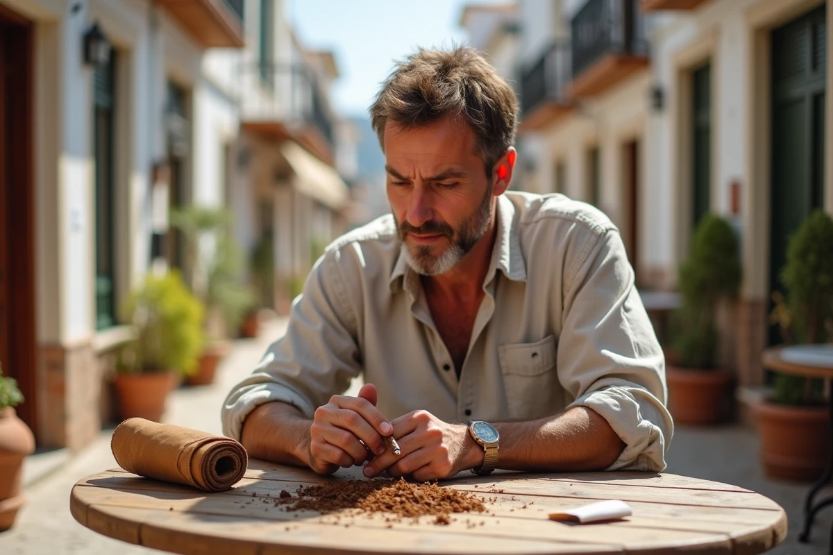 Homme roulant une cigarette avec du tabac en vrac acheté en Espagne, attablé dans un café espagnol ensoleillé