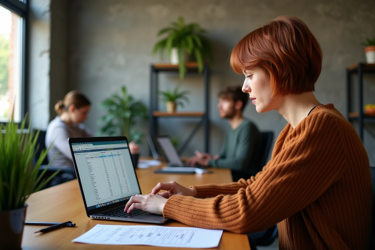 Femme consultant un tableau de conversion des minutes en centièmes d'heure sur un ordinateur dans un espace de coworking