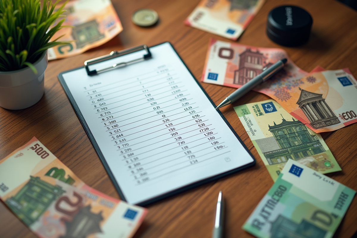 Vue de dessus d une table avec billets euros et calculs de salaire