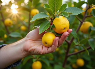 Jardinier taillant un citronnier vert et fruité en plein soleil