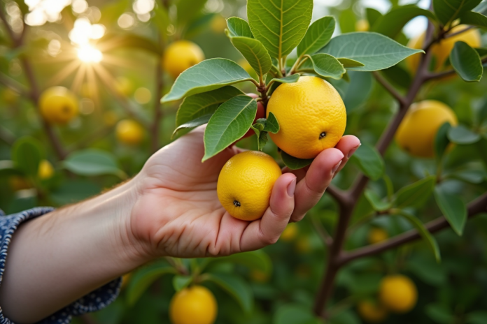 taille-citrus-arbre-jardin Jardinier taillant un citronnier vert et fruité en plein soleil