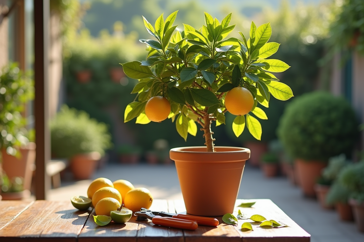 Citronnier taillé dans un pot en terre cuite sur un patio lumineux