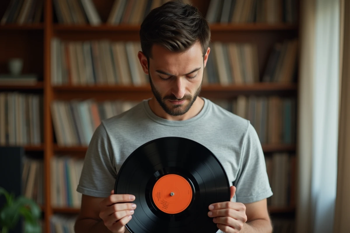 Homme tenant un vinyle 33 tours de 30 cm pour évaluer sa taille optimale sur platine vinyle