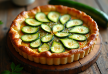 Tarte à la courgette fraîche sur une table en bois naturel