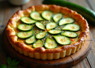 Tarte à la courgette fraîche sur une table en bois naturel
