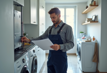 Technicien en overalls lisant un manuel d'installation de pompe à chaleur