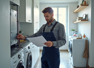 Comment réussir l’installation de votre pompe à chaleur air-eau : conseils et astuces Technicien en overalls lisant un manuel d'installation de pompe à chaleur