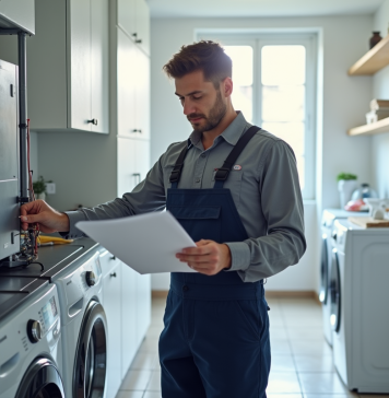 Technicien en overalls lisant un manuel d'installation de pompe à chaleur