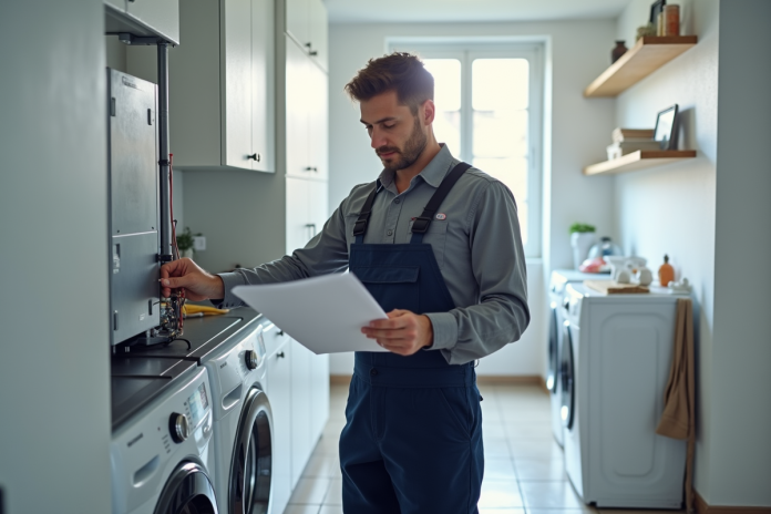Technicien en overalls lisant un manuel d'installation de pompe à chaleur