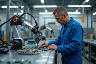 Technicien en bleu supervisant un robot industriel en usine