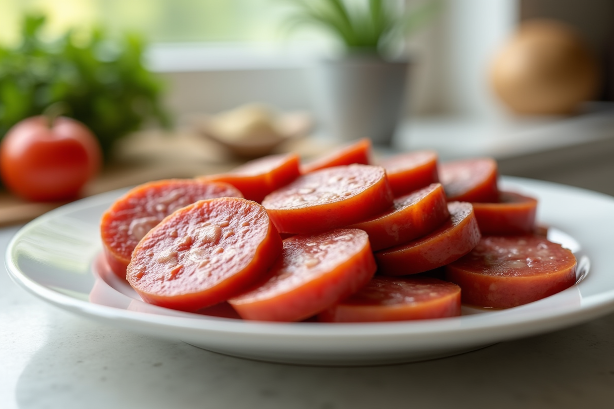 Tranches de chorizo sur une assiette blanche